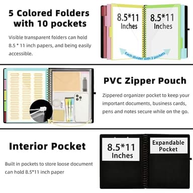 Ospelelf Black Foldable Spiral Clipboard Folio with Storage Zipper Pouch, 5 Plastic Folders with 10 Pockets,Refillable Lined Notepad (11" x 8.5"), Hardcover Project Organizer with 39 Stickers - Image 2