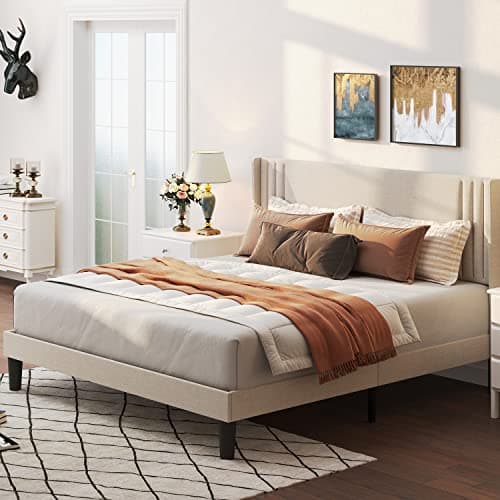 Gizoon Queen Bed Frame with Wingback Headboard, Upholstered Platform Bed, Wooden Slats, Noise-Free, No Box Spring Needed, Easy Assembly - Image 1