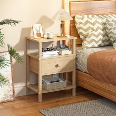 Lerliuo Nightstand Set of 2 with Charging Station and USB Ports, 3-Tier Storage End Table with Drawer Shelf, Night Stand for Small Spaces, Wood Bedside Table for Living Room, Bedroom - Natural Wood - Image 2