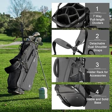 KVV Lightweight Golf Stand Bag with 7 Way Full-Length Dividers, 5 Zippered Pockets, Automatically Adjustable Dual Straps，Elegant Design（Charcoal） - Image 3