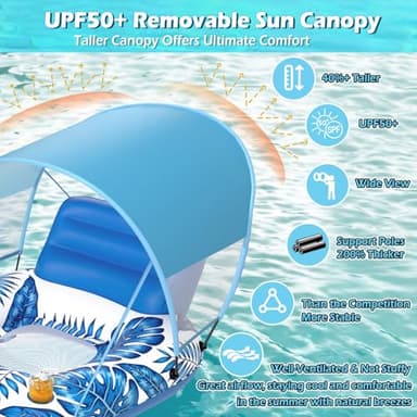 Jasonwell Pool Floats with Canopy - Inflatable Pool Float Adult Lounger Floaties Raft Floating Chair for Swimming Pool Lake Water Lounge Float with Cup Holders Beach Pool Party Toys for Adults(Blue) - Image 4