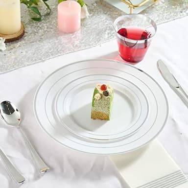 FOCUSLINE Silver Plastic Plates Set of 60, Disposable Plates with Silver Rim 30 Dinner Plates 10" and 30 Salad Dessert Appetizer Plate 7", Elegant Fancy Heavy Duty Wedding Party Plates - Image 3