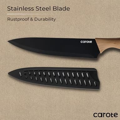 CAROTE 12PCS Knife Set, Stainless Steel Kitchen Knife Set with Nonstick Ceramic Coating Dishwasher Safe with 6 Blade Guards, Rustproof, Black - Image 4