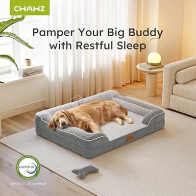 CWAWZ Extra Large Dog Bed, Orthopedic Dog Bed with Cooling Gel Memory Foam, Waterproof XL Pet Bed with Removable Washable Cover, 42" Pet Sofa Couch Dutch Velvet with Bone Toy, Light Gray - Image 5