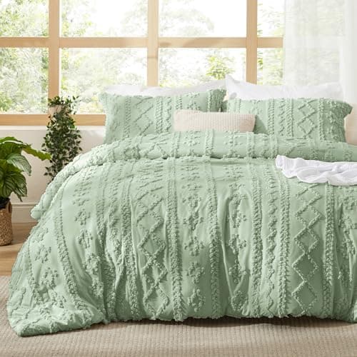 Bedsure Tufted Boho Comforter Set California King - Sage Green Boho Bed Set, GentleSoft™ 3 Pieces Farmhouse Shabby Chic Embroidery Bedding, Gifts for Woman, Soft Jacquard Comforter for All Seasons - Image 1