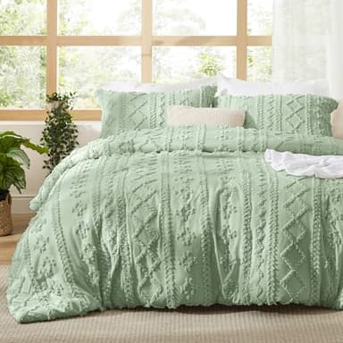 Bedsure Tufted Boho Comforter Set California King - Sage Green Boho Bed Set, GentleSoft™ 3 Pieces Farmhouse Shabby Chic Embroidery Bedding, Gifts for Woman, Soft Jacquard Comforter for All Seasons - Image 1