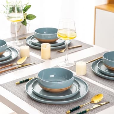 AmorArc Ceramic Dinnerware Sets for 4, 12 Pieces Handpainted Plates and Bowls Set with Rustic Terracotta Underside, Scratch Resistant Stoneware Dishes Set, Dishwasher & Microwave Safe, Stone Blue - Image 6