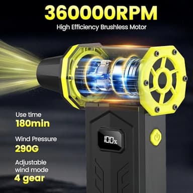 Compressed Air Duster, 360000RPM Electric Air Duster with LED Display, 4 Gear Adjustable Rechargeable Cordless Jet Dry Blower, Replace Compressed Air Can, Air Duster for Car, Computer, Home, Outdoors - Image 2