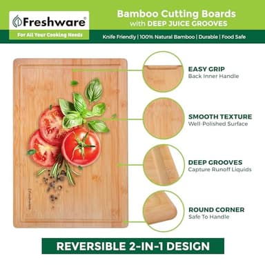 Freshware Freshware Bamboo Cutting Boards for Kitchen with Juice Groove [Set of 2] Wood Cutting Board for Chopping Meat, Vegetables, Fruits, Cheese, Knife Friendly Serving Tray with Handles - Image 3