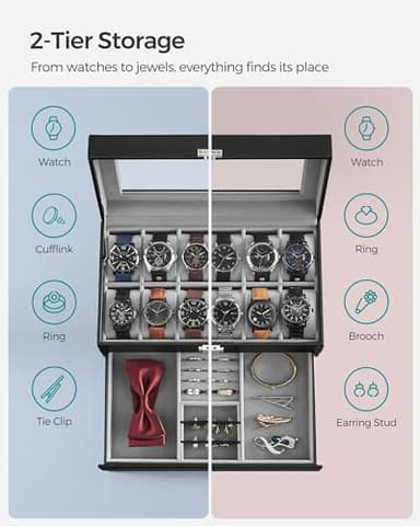 SONGMICS Watch Box, 12-Slot Watch Case Organizer with Large Glass Lid, 2 Layers, Removable Pillows, Metal Lock, Gift for Loved Ones, Black Synthetic Leather, Gray Lining UJWB012 - Image 3