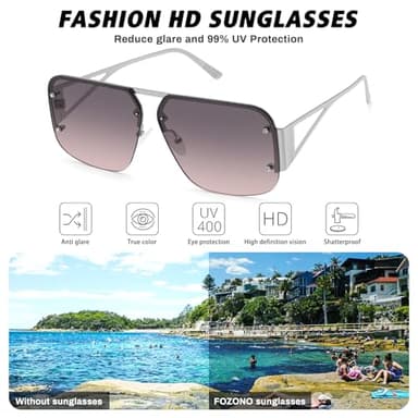 Fozono Retro Trendy Aviator Sunglasses Womens Mens Large Oversized Square Sun Glasses Metal Rimless Frame Shades FZN904 (Silver/Grey Gradient Pink) - Image 3