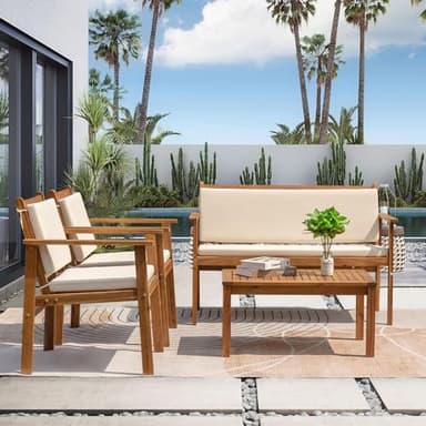 Greesum Outdoor Patio Furniture, 4 Piece Bistro Sofa Set with Coffee Table and Loveseat, Acacia Wood Conversation Sets with Cushions, for Garden, Backyard, Poolside, White - Image 2