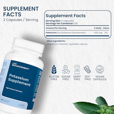 Life Enhancement High Absorption Potassium Supplement for Muscle, Brain & Bone Health - No Additives High Potency Elemental Potassium Supplement is Made in USA (240 Capsules – 120 Servings) - Image 2