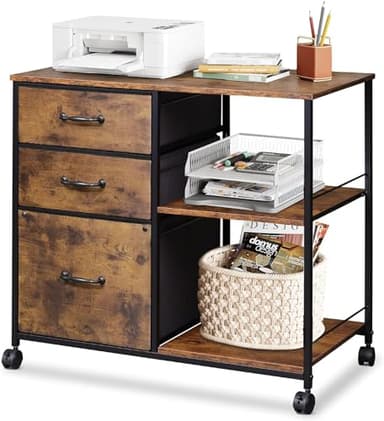 DEVAISE 3 Drawer Mobile File Cabinet, Rolling Printer Stand with Open Storage Shelf, Fabric Lateral Filing Cabinet fits A4 or Letter Size for Home Office, Rustic Brown Wood Grain Print - Image 1