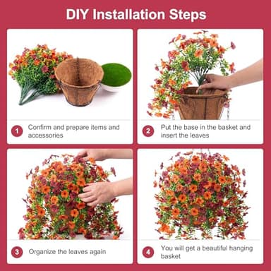 Artificial Fake Hanging Flowers Plants with Basket Spring Outdoor Decor,Faux Silk Colorful Daisy in Planter Boxwood No Fade Plastic Shrubs Farmhouse Home Garden Porch Patio Decoration(Yellow Brown) - Image 5