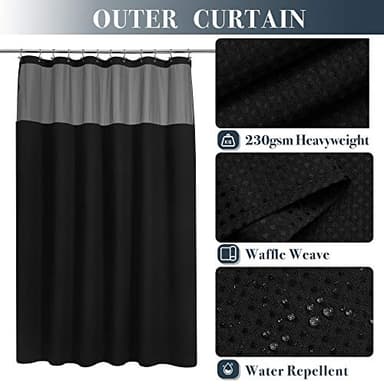N&Y HOME Waffle Weave Shower Curtain with Snap-in Fabric Liner & 12 Black Hooks Set - Hotel Style, Water-Repellent & Washable, Mesh Top Window - 71x72, Black - Image 2