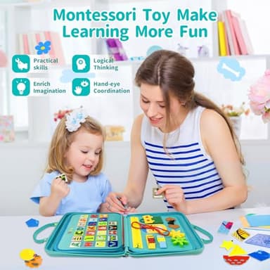Pitcott Busy Board Montessori Toys for Toddlers 1 2 3 4 Year-Busy Book Board Travel Toy for Plane Car, Birthday Gift for Boys Girls-Preschool Educational Learning Sensory Activity Motor Skills (Green) - Image 7