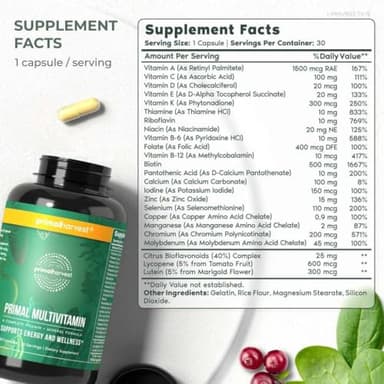 Primal Harvest Primal Multivitamin - Daily Multi-Vitamin Supplement with 21 Essential Vitamins & Minerals for Women & Men - Vitamin A, C, D, E, B12, B6, Biotin, Folic Acid, Zinc, Copper & Selenium - Image 2