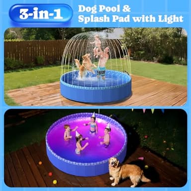 Foldable Dog Pool with Sprinkler RGB LED Light, 71" Collapsible Hard Plastic Kiddie Swimming Splash Pool for Small Medium Large Doggie Kitty Puppy, Pet Bathing Tub Wading Pool for Dogs Blue - Image 2
