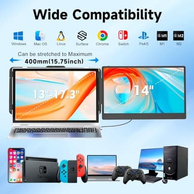KEFEYA Laptop Screen Extender, 14" Portable Monitor for Laptops 13-17", 1080P FHD IPS Monitor Extender for Laptop with USB-C/HDMI Port, Plug n Play for Windows/Chrome/Mac/Switch/PS5 - Image 5