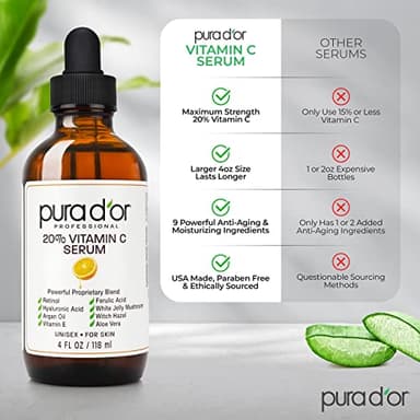 PURA D'OR 20% Vitamin C Serum 4 Oz - Lightweight Maximum Strength Formula - Retinol, Hyaluronic Acid, Ferulic Acid - Professional Grade Treatment For Face & Eyes, Wrinkles - Men & Women - Image 6