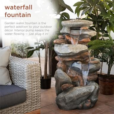 Alpine Corporation WIN316 40" Floor Fountain – 4-Tiered Rock Water Feature with Cascading Streams & White LED Lights – Tranquil Outdoor Décor for Garden, Patio, Yard, Deck, or Porch, Light Gray - Image 6