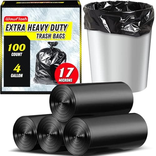 100 Count 17 Micron Extra Heavy Duty 4 Gallon Trash Bags, Sturdy & Tear-Resistant Small Trash Bags for Bathroom & Kitchen - Image 1