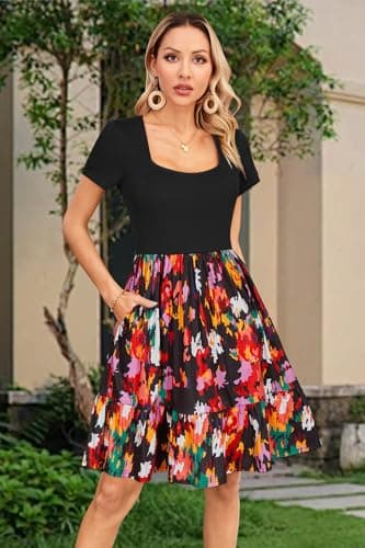 Newshows Womens 2025 Summer Dress Short/Long Sleeve Fall Dresses Business Casual Outfits A-Line Ruffle Sundress with Pockets (Black Floral Pink,L) - Image 2