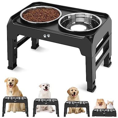 COMESOON Elevated Dog Bowls, 4 Height Adjustable Raised Bowl Stand with 2 Thick 50oz Stainless Steel Food Bowls Non-Slip Feeder Adjusts to 3.7'', 9.2'', 10.75'', 12.36'' Black, (DB-W01) - Image 1
