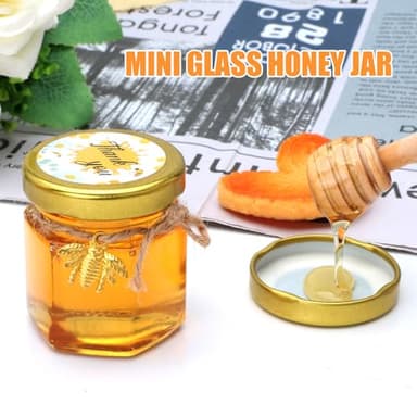 XING-RUIYANG 60 pack 1.5 oz Mini Honey Jars，baby shower favors,There's honey sticks, bee pendants, stickers and gold goodie bags，Suitable for wedding party gifts - Image 4