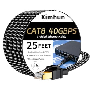 Ximhun Cat 8 Ethernet Cable 25 FT, High-Speed Braided Internet Cable Network Cord with RJ45 Connector 40Gbps 2000Mhz Heavy Duty LAN Cable Shielded Indoor - Image 1