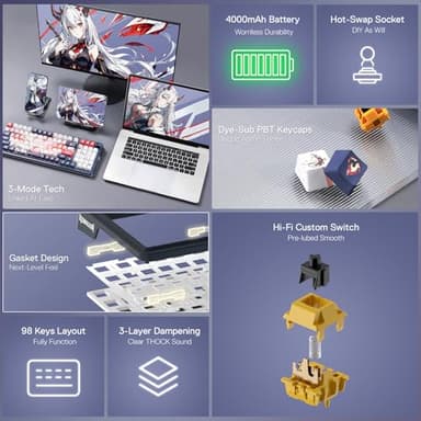 Redragon K686 PRO SE 98 Keys Wireless Gasket RGB Gaming Keyboard, 3-Mode Anime Mechanical Keyboard w/Hot-Swap Socket, Dedicated Knob Control & 5-Layer Noise Dampening, Custom Hi-Fi Linear Switch - Image 2