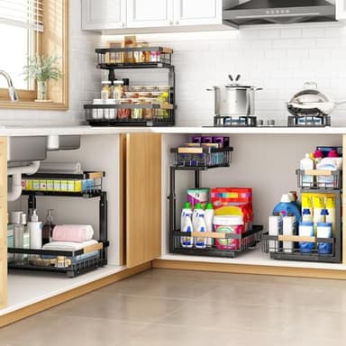 PXRACK 2 PACK Under Sink Organizer,Adjustable Height,2 Tier Pull Out Under Cabinet Organizer,Thickened Metal Shelf,Slide Out Under Sink Storage for Kitchen Bathroom Cabinet Laundry - Image 6