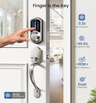 Veise VE07-H Fingerprint Smart Locks for Front Door with Handle Set, App Control, Keyless Entry Keypad Deadbolt, Digital Electronic Touchscreen, Easy Install, Auto Lock, Satin Nickel - Image 6