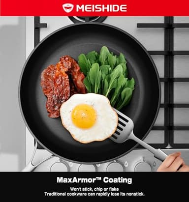 MEISHIDE Pots and Pans Set Non Stick, Oven Safe 500F Premium Hard Anodized Induction Cookware Sets 8 Pcs, Frying Pans & Saucepans with Stay-Cool Handles, Glass Lids, PFAS/PFOS/PFOA/BPA Free, Black - Image 9