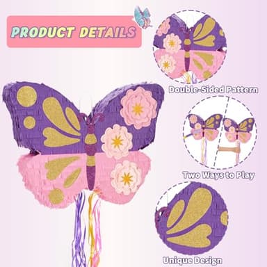 WERNNSAI Butterfly Piñata - Butterfly Birthday Party Supplies Pinata with Stick and Blindfold for Girls Kids Pull String Piñata Family Games Classroom Birthday Party Decorations 16.4” x 12.4” - Image 4