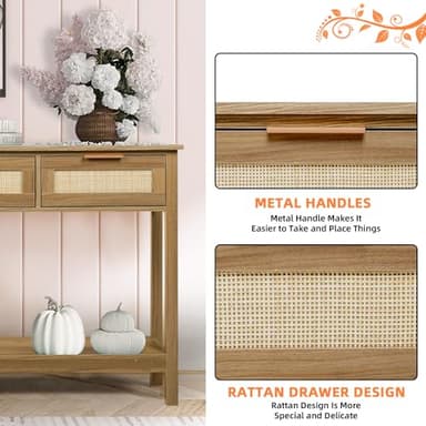 LAZZO Rattan Console Table Boho Entryway Table Narrow Long Sofa Table Hallway Foyer Table Behind Couch Table with 3 Drawers and Open Storage Shelf for Living Room and Corridor Brown - Image 7