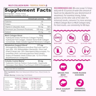 Multi Collagen Burn: MultiType Hydrolyzed Protein Peptides with Hyaluronic Acid, Vitamin C, SOD B Dimpless, Types I, II, III, V and X, with Caffeine 30 Servings Tropical Punch Flavored - Image 4