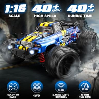 1:16 Scale RC Cars for Adult, Remote Control Car Fast 40KPH Hobby RC Cars for Boys Age 8+, 4x4 All Terrain Off-Road RC Truck for Kids with 2.4 GHz Remote Control 2 Rechargeable Batteries - Image 2