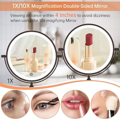 Rechargeable Wall Mounted Lighted Makeup Vanity Mirror 8 Inch Double Sided 1X 10X Magnifying Bathroom Mirror, 3 Color Lighting, Touch Dimming, Extended Arm 360 Rotation Light up Mirror Antique Bronze - Image 2
