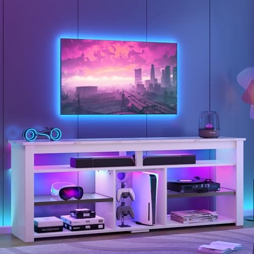 Bestier TV Stand for 70 inch TV, Tall Entertainment Center with 2 Led Lights, Gaming TV Console with Storage for PS5, Modern TV Cabinet for Bedroom, Living Room, White Marble - Image 1