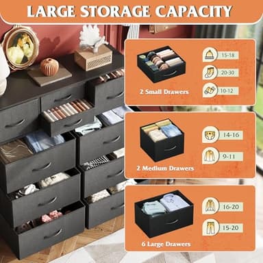 WLIVE Dresser for Bedroom with 10 Drawers, Fabric Dresser Chest of Drawers with Side Pockets and Hooks, Sturdy Metal Frame, Drawers Organizer Unit for Living Room, Hallway, Black - Image 5
