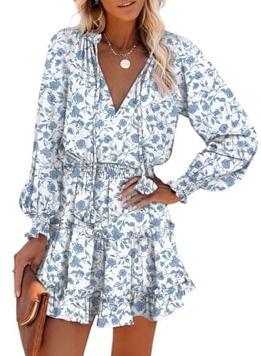 Dokotoo Sun Dresses for Women 2025 Vacation Deep V Neck Ruffle Tiered Chiffon Smocked Long Sleeve Elegant Boho Hawaiian Floral Dress Party Casual Beach Mini Short Fall Dresses Sundresses Large - Image 1