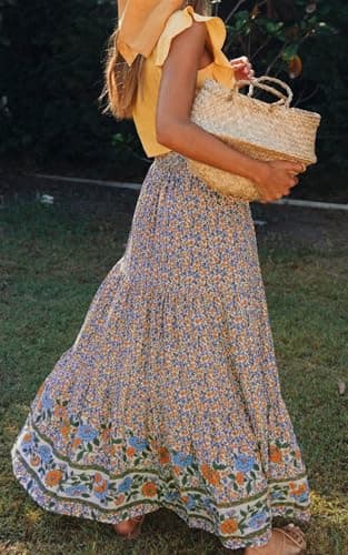 ZESICA Women's 2025 Summer Bohemian Floral Printed Elastic Waist A Line Maxi Skirt with Pockets,Cream,Large - Image 8