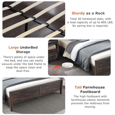 T4TREAM Farmhouse King Size Bed Frame w/Storage Bookcase Headboard, Sliding Barn Door, Charging Station, Rustic Wood Platform Bed w/Wood Slats Support, No Box Spring Needed, Dark Rustic Oak - Image 5