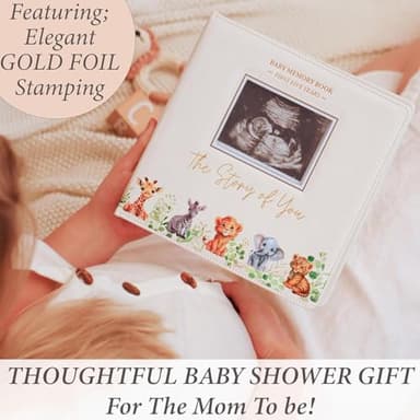 Baby Book Keepsake - Timeless Baby Memory Book for Boy or Girl I First 5 Year I Faux Leather, Gender Neutral, Safari Theme w/Gold Foil Stamp - Baby First Year Book Journal Scrapbook Photo Album Shower - Image 6