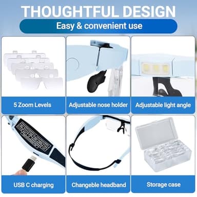 YOCTOSUN Magnifying Glasses with Light, Magnifier Headset with 5 Detachable Lenses 0.75X-4.0X and 3 LED Lights, Rechargeable Hands Free Head Magnifying Glass for Close Work Hobby Crafts Jewelry - Image 6
