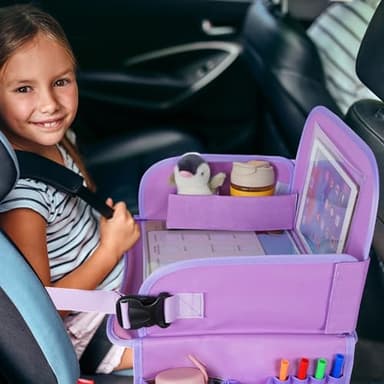 MENZOKE Car Seat Tray for Kids Travel, Kids Travel Tray with Educational Drawing Board, Tablet Holder & Cooler Cup Holder, Holiday Gifts for Car Trip, Purple - Image 2