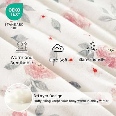 PHF 100% Cotton Baby Sleep Sack 0-6 Months, 2.5 TOG Winter Baby Wearable Blanket with 2-Way Zipper, Warm Comfy Quilted Sleeping Bags, Infant Sleeping Sack for Newborn Girls, Small Size, Pink Floral - Image 3