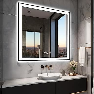 EchosLife 36x36 Square LED Bathroom Mirror - Black Aluminum Framed (Front and Backlit), Anti-Fog Vanity Mirror with Lights, Stepless Dimmable Lighted Mirror,3 Colors Smart Mirror(Horizontal/Vertical) - Image 1